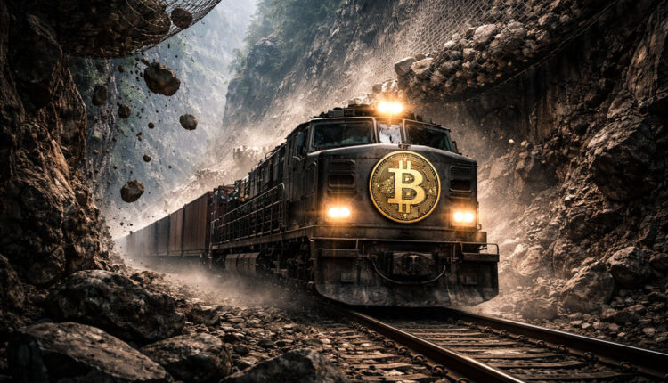 Bitcoin-marked barrier blocking a government hallway with cases left outside, symbolizing Citi lowering its price target as slow Washington policy delays impact crypto outlook