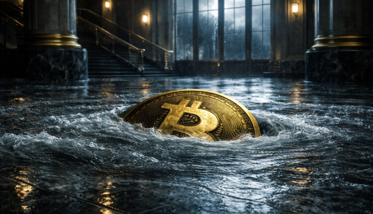 Bitcoin on a lifebuoy in choppy waters near an oil terminal, symbolizing market uncertainty as traders brace for a potential drop toward $50k despite outperforming gold and stocks
