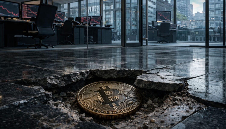 Bitcoin coin sunk into a cracked trading office floor as red market charts flash in the background after the price fell below $70,000