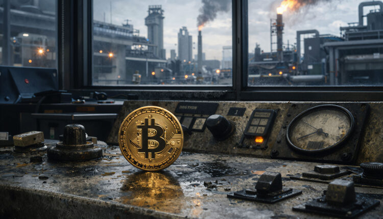 Trader monitors geopolitical crisis on screens while using a Bitcoin device, showing BTC acting as a real-time market risk indicator rather than a traditional safe haven