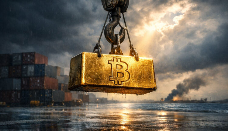 Bitcoin gold bar suspended by an industrial crane above a stormy shipping port, symbolizing Bitcoin’s price surge amid geopolitical tension from the Iran war and uncertainty tied to Trump tariff policies.