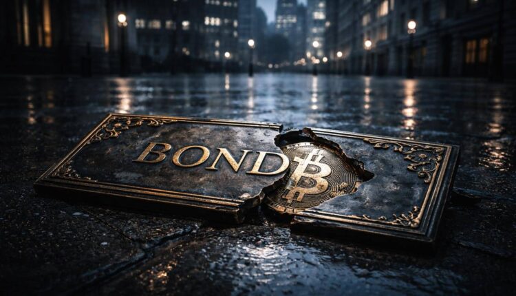 Cracked bond plaque revealing a Bitcoin beneath on a rain-soaked city street, symbolizing Britain’s bond market turmoil shifting attention toward Bitcoin
