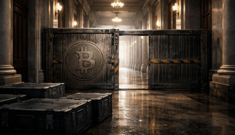 Bitcoin-marked barrier blocking a government hallway with cases left outside, symbolizing Citi lowering its price target as slow Washington policy delays impact crypto outlook