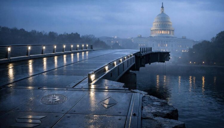 Broken bridge leading toward the U.S. Capitol with Bitcoin and Ethereum symbols embedded in the path, symbolizing limited SEC clarity and ongoing market distrust without Congress
