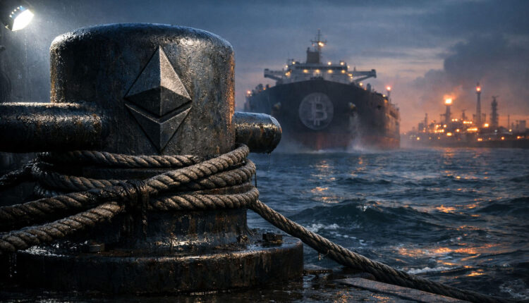 Ethereum logo anchored to a dock as a Bitcoin-marked tanker approaches through turbulent waters, symbolizing Ethereum gaining strength over Bitcoin amid shifting global markets during US-Iran tensions