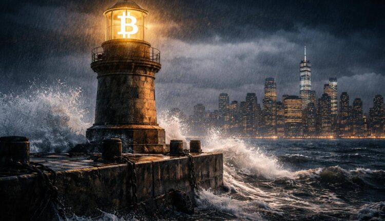 Bitcoin lighthouse in a stormy sea facing a city skyline, symbolizing renewed Fed rate hike bets testing Bitcoin’s macro outlook