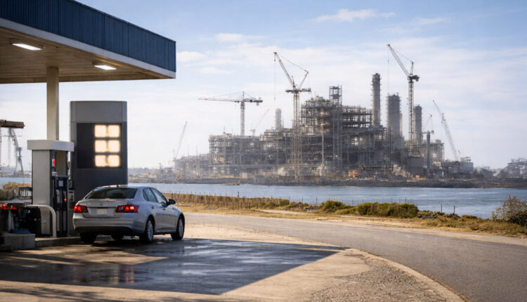 Car fueling at a gas station with a large refinery under construction across the water in Brownsville, highlighting questions over how quickly the project can lower gas prices