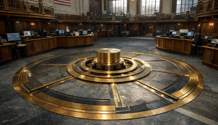 Institutional trading floor built around a vault-like circular mechanism, symbolizing Wall Street’s growing push to control tokenization on its own terms