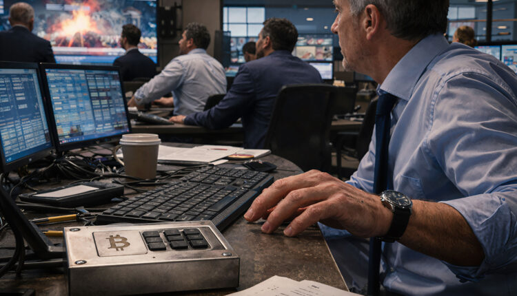 Trader monitors geopolitical crisis on screens while using a Bitcoin device, showing BTC acting as a real-time market risk indicator rather than a traditional safe haven