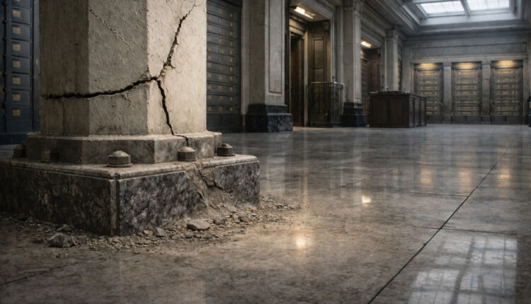 Cracked stone pillar inside a grand financial hall, symbolizing mounting stress in the normally safe 2-year Treasury market