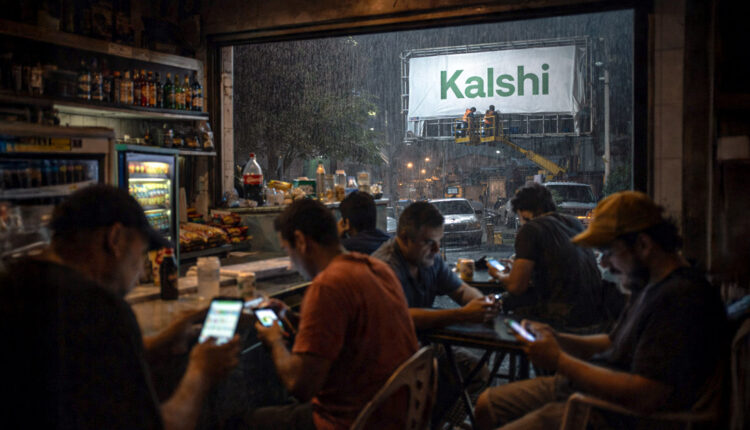 People using betting apps on smartphones inside a bar as a Kalshi billboard is installed outside in the rain, symbolizing the platform’s Brazil launch amid a national gambling addiction crisis