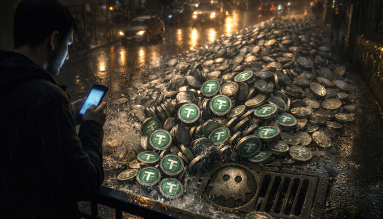 Binance coin on a boardroom table beside a cracked glass panel and a newspaper, symbolizing legal pressure and shifting media scrutiny surrounding the latest lawsuit against Binance