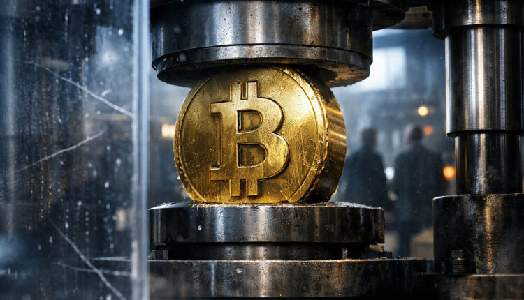 Bitcoin coin being compressed by an industrial press, symbolizing market stress as recession signals suggest a major test for Bitcoin ahead