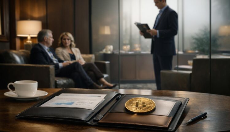 Bitcoin on a financial desk during a client meeting illustrates Morgan Stanley’s imminent MSBT launch and its potential impact on Bitcoin ETF economics