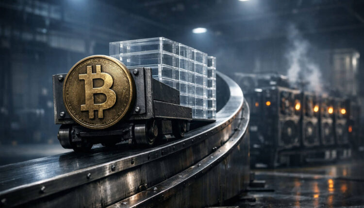 Bitcoin mining carts carrying stacked blocks on an industrial conveyor line, symbolizing power-law growth under pressure from shifting ETF inflows