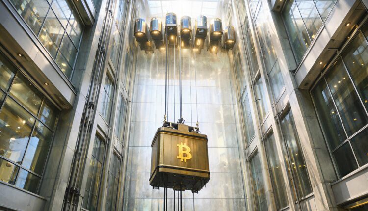 Bitcoin elevator rising inside a glass atrium as select crypto tokens approach all-time highs faster than BTC