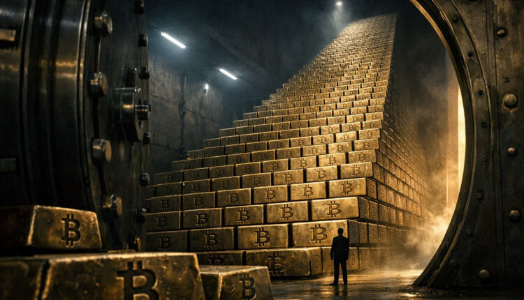 Massive vault stacked with gold Bitcoin bars rising like a pyramid as a lone figure looks on, illustrating rapid accumulation toward a potential 1 million BTC strategy driven by STRC