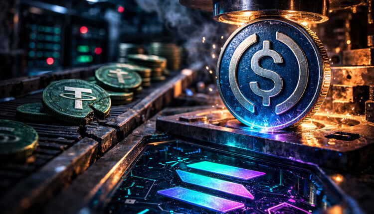 Bitcoin mining carts carrying stacked blocks on an industrial conveyor line, symbolizing power-law growth under pressure from shifting ETF inflows