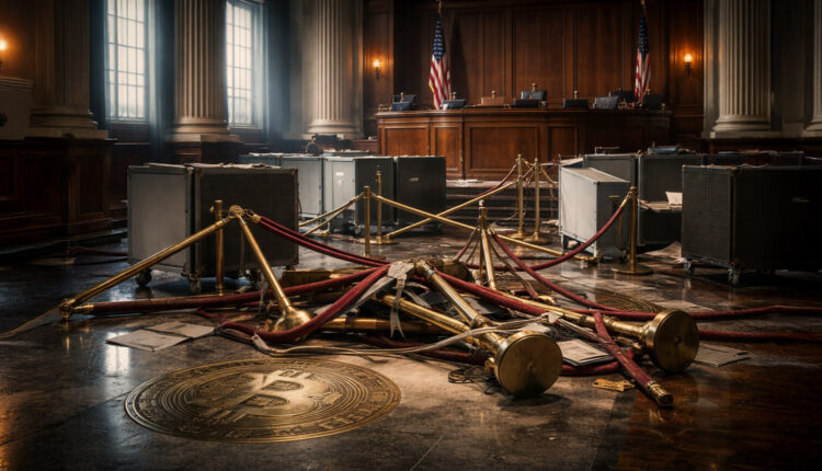 Open case filled with gold Bitcoin coins on wet pavement at dusk, symbolizing the White House claim that the Iran war consumed value equal to half of the US Bitcoin reserve in six days