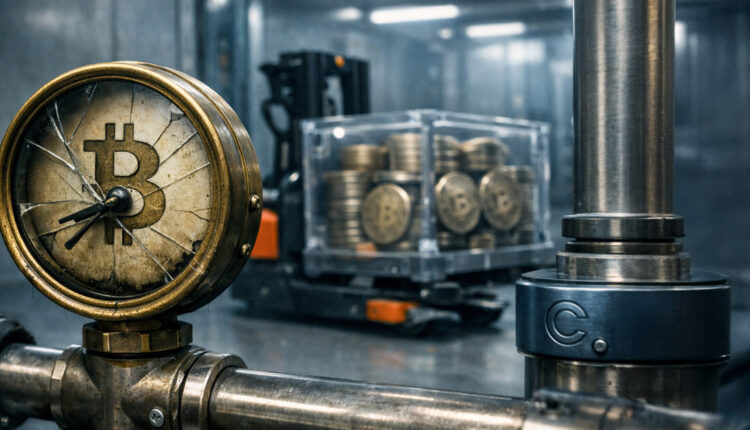 Cracked pressure gauge with a Bitcoin symbol in an industrial facility beside crates of BTC coins, representing market stress after Coinbase’s $69.5B wallet reshuffle disrupted a key Bitcoin bottom indicator