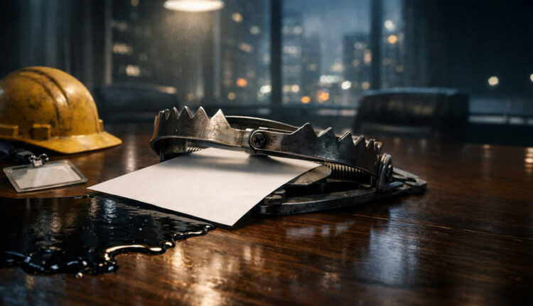 Bear trap snapping shut on a blank report beside spilled oil and a construction helmet on a boardroom table, symbolizing the Federal Reserve’s policy dilemma as soft CPI, weak jobs data, and rising oil prices collide