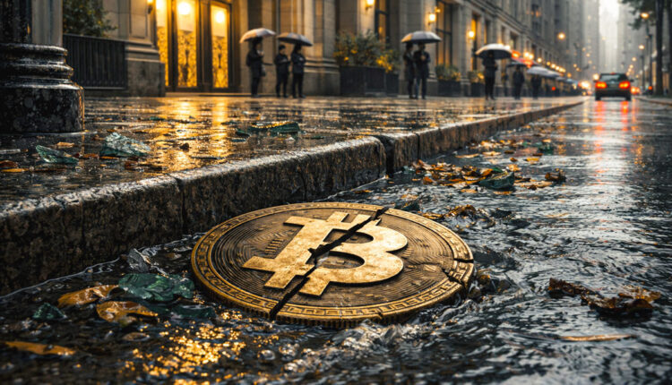 Bitcoin coin stopped at a metal gate while smaller tokens pass through, illustrating Congress targeting crypto wash-sale rules while favoring stablecoin tax treatment