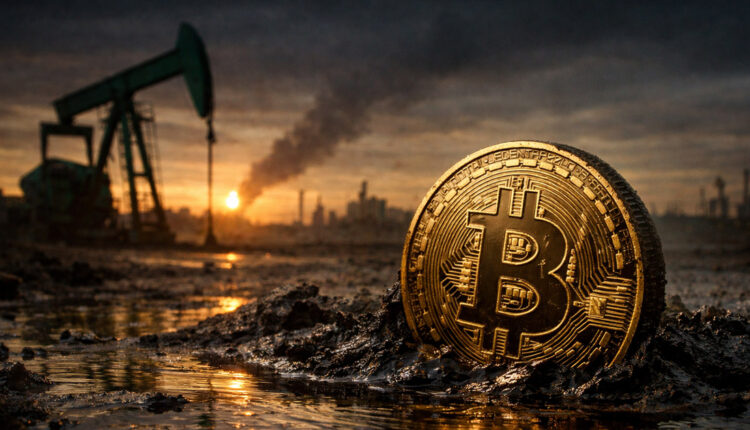 Bitcoin rising from an oil-soaked landscape with pumpjack in the background, symbolizing BTC reclaiming $70,000 after an oil price plunge eased inflation fears ahead of CPI data