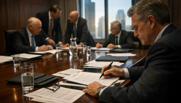Bear trap snapping shut on a blank report beside spilled oil and a construction helmet on a boardroom table, symbolizing the Federal Reserve’s policy dilemma as soft CPI, weak jobs data, and rising oil prices collide