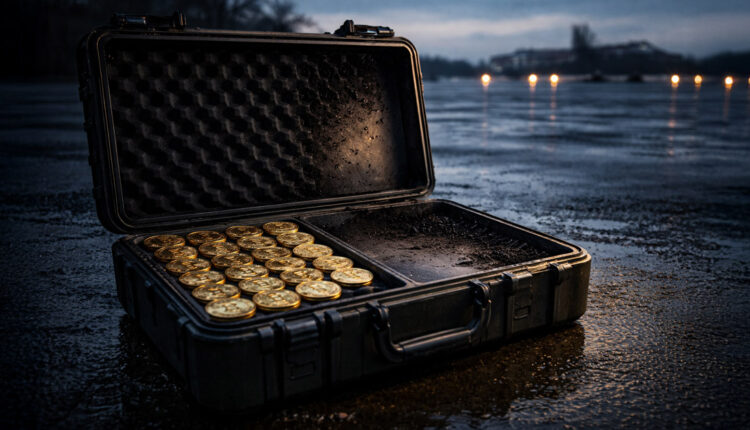 Open case filled with gold Bitcoin coins on wet pavement at dusk, symbolizing the White House claim that the Iran war consumed value equal to half of the US Bitcoin reserve in six days