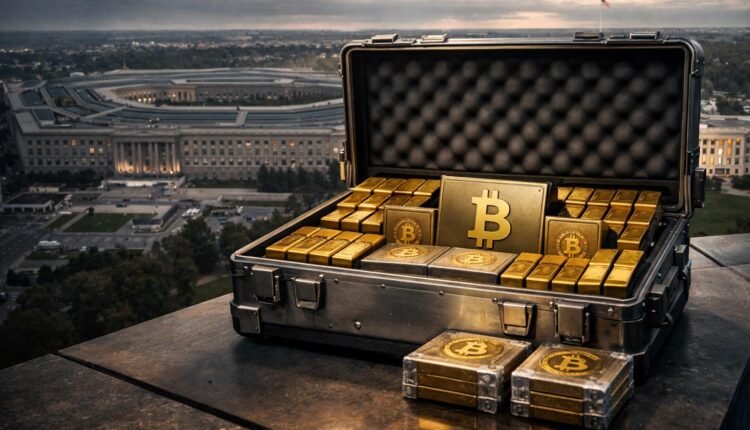 Briefcase filled with gold bars and Bitcoin in front of the Pentagon, symbolizing a $200 billion Iran war bill equated to millions of BTC