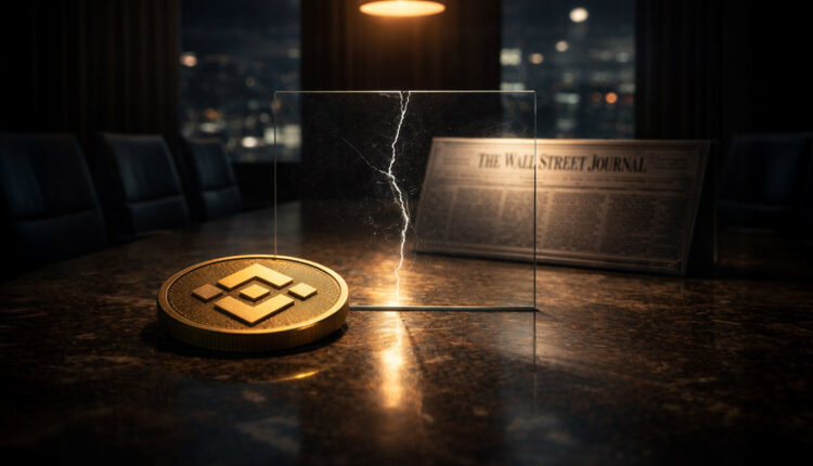 Binance coin on a boardroom table beside a cracked glass panel and a newspaper, symbolizing legal pressure and shifting media scrutiny surrounding the latest lawsuit against Binance