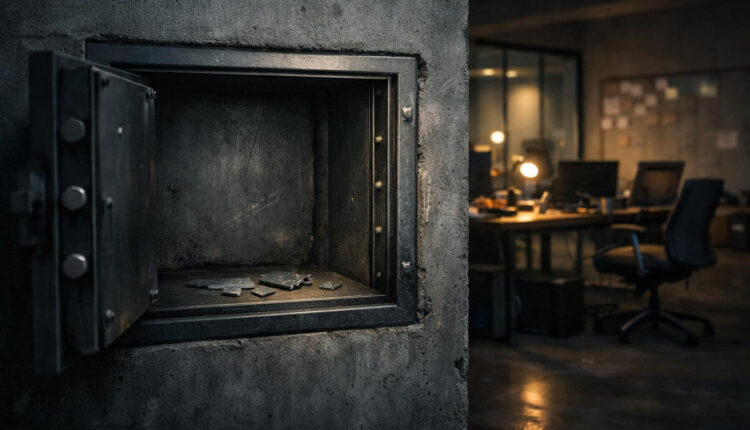 Open empty safe with scattered fragments in a dim office, symbolizing the lasting impact of crypto hacks even after funds are gone