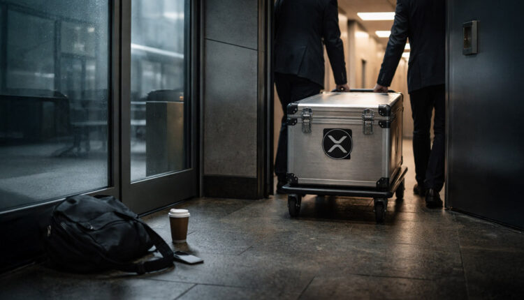 Two executives moving a secured XRP-branded case down a hallway, symbolizing a 78% collapse in XRP leverage while $1.4 billion in ETF inflows remains tied to Ripple’s expanding footprint