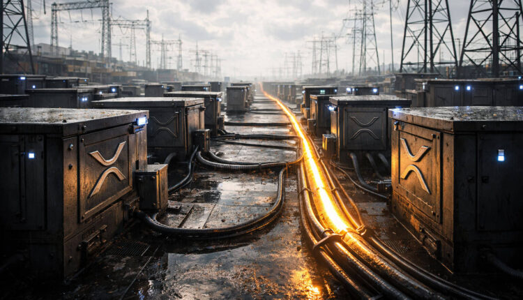 Close-up of a gold Bitcoin coin beside a glossy black G Coin featuring a glowing multicolor “G” emblem, set in front of a blurred trading screen with rising market charts and a visible $75K marker.
