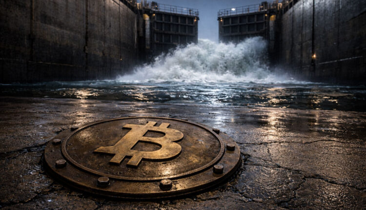 Bitcoin symbol on a wet industrial floor as floodgates surge ahead, illustrating the dollar squeeze holding back BTC despite rising global money supply
