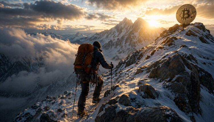 Climber ascending a snowy mountain toward a Bitcoin symbol at the peak, representing traders positioning for a move toward $80,000