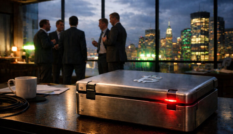 Bitcoin-marked case on a desk with traders in the background, signaling derivatives markets warning of a pullback after a ceasefire-driven rally in a $46B crypto market