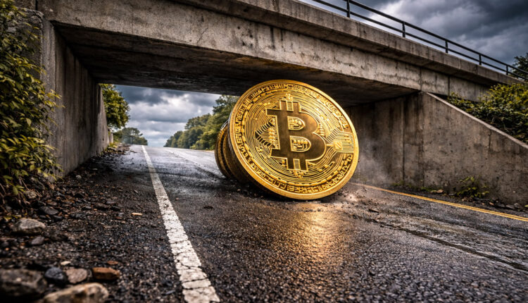 Bitcoin coin rolling uphill toward a low concrete overpass under dark storm clouds, symbolizing Bitcoin meeting a new ceiling as macro conditions grow tougher