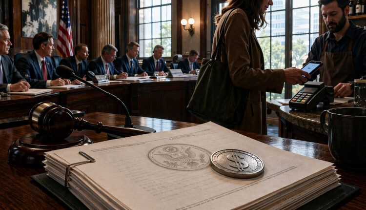Congressional hearing room with U.S. documents and a dollar coin in the foreground as a woman pays by phone, symbolizing stablecoins becoming easier to use while Bitcoin still awaits regulatory clarity