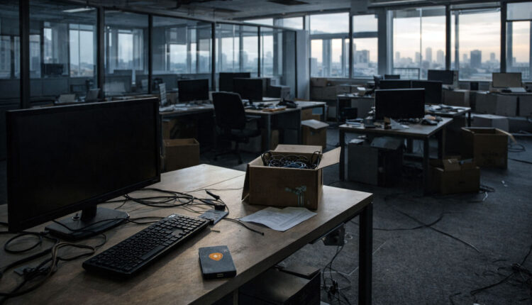 Empty office with idle computers and packed boxes, reflecting crypto apps shutting down as capital shifts to Bitcoin ETFs and stablecoins