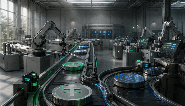 Robotic arms sorting stablecoin tokens on an automated factory line, illustrating how crypto’s agent economy is largely powered by bot-driven stablecoin flows