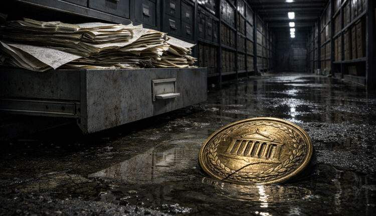 Stacks of bank records spilling from a filing cabinet beside a fallen coin in a dim archive, reflecting US support for banks while underlying SVB risks persist