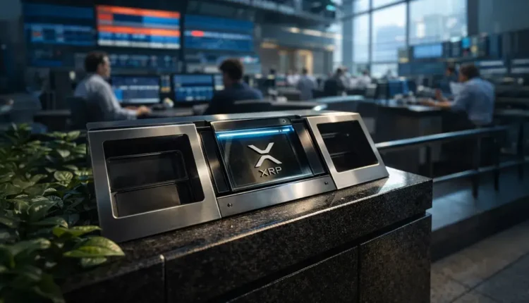 Bitcoin coin lodged in a deep crack between Wall Street and a rundown gas station street, symbolizing fragile markets as record highs clash with collapsing consumer confidence