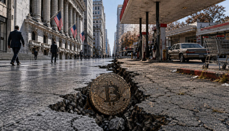 Bitcoin coin lodged in a deep crack between Wall Street and a rundown gas station street, symbolizing fragile markets as record highs clash with collapsing consumer confidence