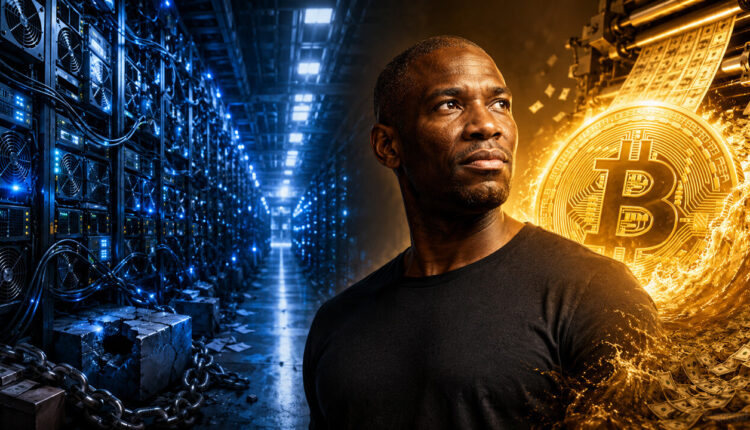 Arthur Hayes stands between a vast AI data center and a surging Bitcoin backdrop, illustrating his prediction that massive AI-driven liquidity and investment could propel Bitcoin toward a $1 million valuation.