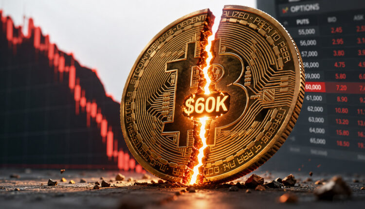 Bitcoin plunging into a black hole as a red $60K price breakdown chart signals a liquidity vacuum and rising bearish volatility