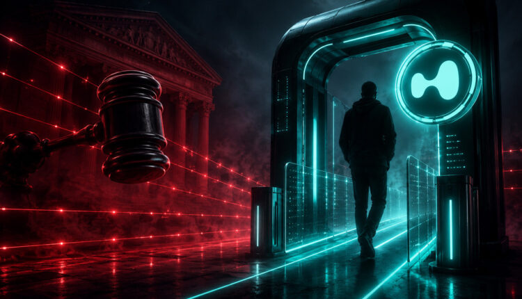 Hyperliquid symbol emerging from a red digital network and data streams, illustrating blockchain transactions, cryptocurrency markets, and Bitcoin ecosystem growth.