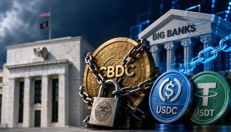 U.S. Capitol building with a central bank digital currency graphic, Bitcoin and USDC coins, and a padlock symbolizing CBDC legislation and digital asset regulation.