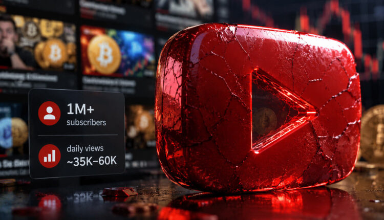 Crypto YouTube views decline shown by a cracked YouTube play button representing falling retail attention and channel engagement