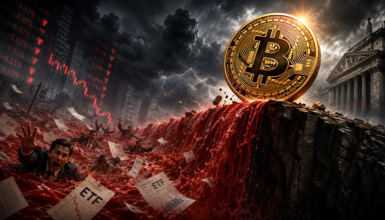 Bitcoin coin above a red wave symbolizing heavy Bitcoin ETF redemptions and a broader market selloff.